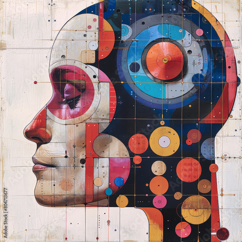Abstrakte Illustration: Head of a woman in technology-affine space. KI generiert.