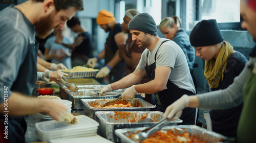 Employees volunteering together at a local soup kitchen, serving meals to those in need and giving back to the community. Stimulus and inspiration, respect and support, friendship photo