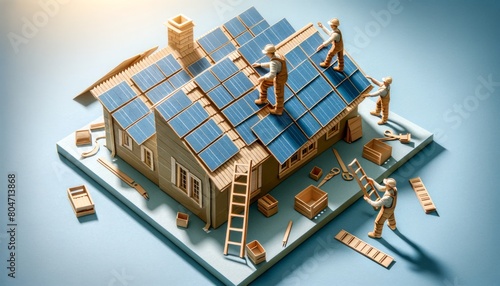 Detailed 3D Paper Art of a Worker Installing Solar Panels
