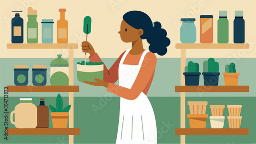 A woman shops at a zerowaste store filling her own containers with bulk items and using a bamboo toothbrush instead of a plastic one..