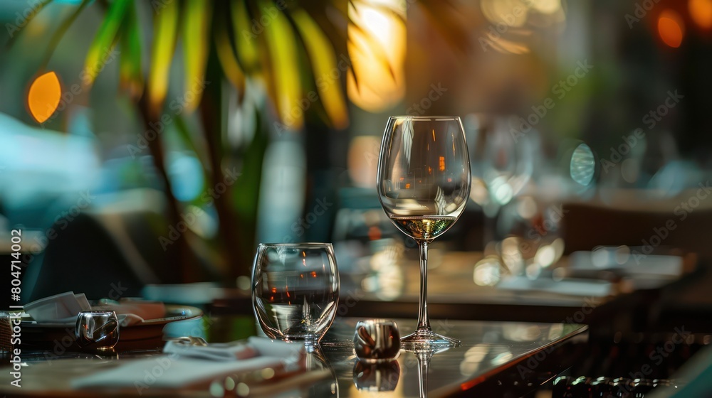 The image showcases an elegant setup of empty wine glasses on a restaurant bar with soft focus background lights The image showcases an elegant setup of empty wine glasses on a restaurant bar with soft focus background lights