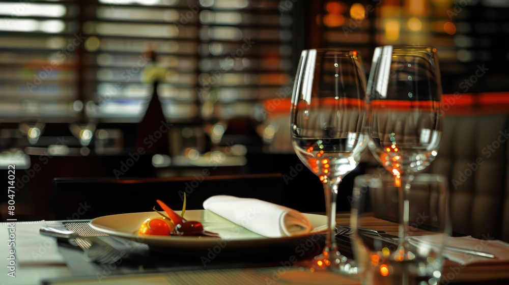 Fototapeta premium A close-up of a sophisticated table setting with wine glasses, plate, and cutlery, set for an exquisite dining experience in a classy restaurant