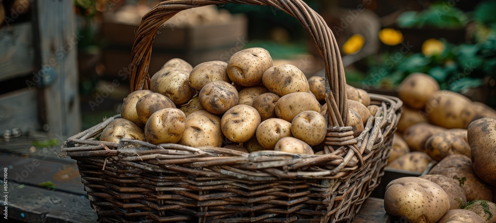 Potatoes photography. A basket with Potatoes photography. Fresh Potato in a basket horizontal banner poster Potatoes photography. A basket with Potatoes photography. Fresh Potato in a basket horizontal banner poster
