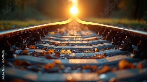  A train track set against the backdrop of the sunset, with leaves scattered along the ground below