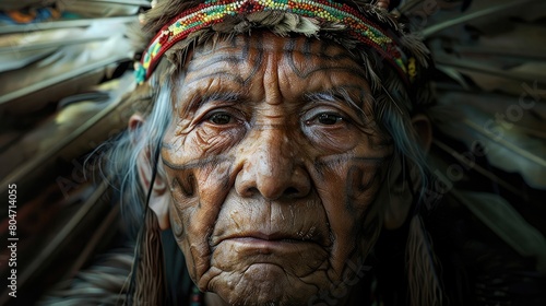 Generative AI image of a Amazon elder in traditional attire