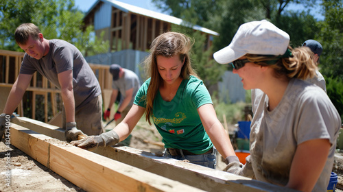 Team members collaborating on a community service project, such as building homes with Habitat for Humanity. Stimulus and inspiration, respect and support, friendship and tolerance