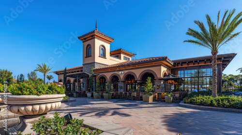 Wallpaper Mural This image showcases the sophisticated architecture and lush landscaping of an upscale dining establishment's exterior Torontodigital.ca