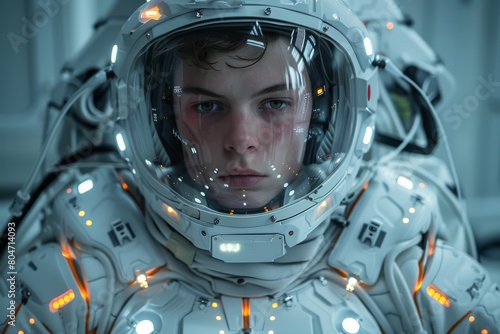 Futuristic young astronaut with a detailed high-tech space suit looking directly at the camera