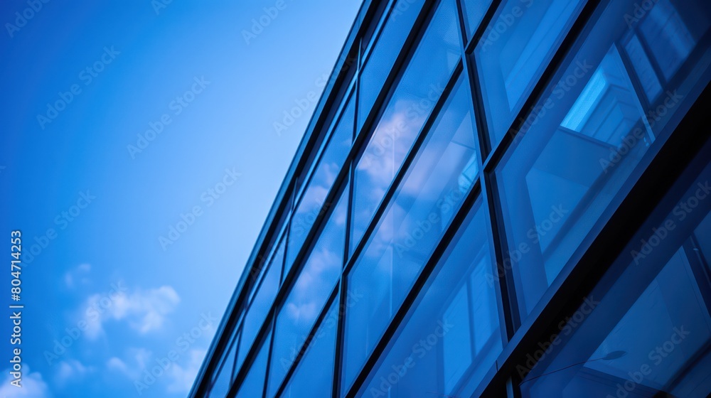 The serene blue glass panels of a modern building, mirroring the tranquility of clouds in the sky