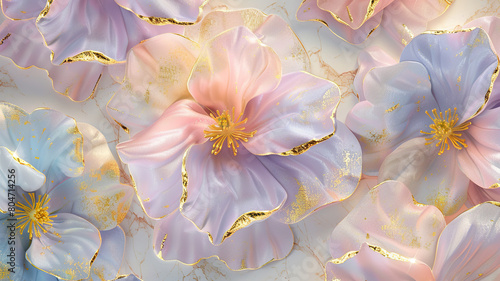 3D floral pattern, pink and blue flowers with pearls, gold leaves background