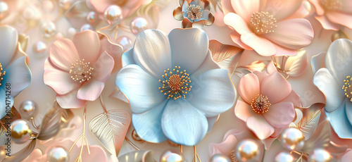 3D floral pattern, pink and blue flowers with pearls, gold leaves background