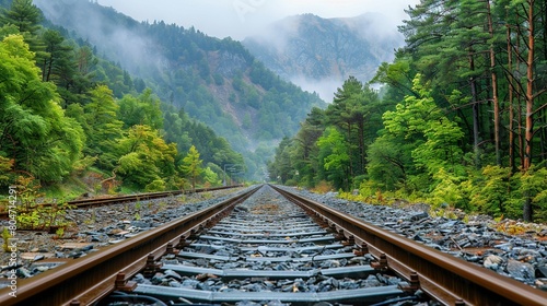  Train track surrounded by forest, mountain in background, foggy atmosphere