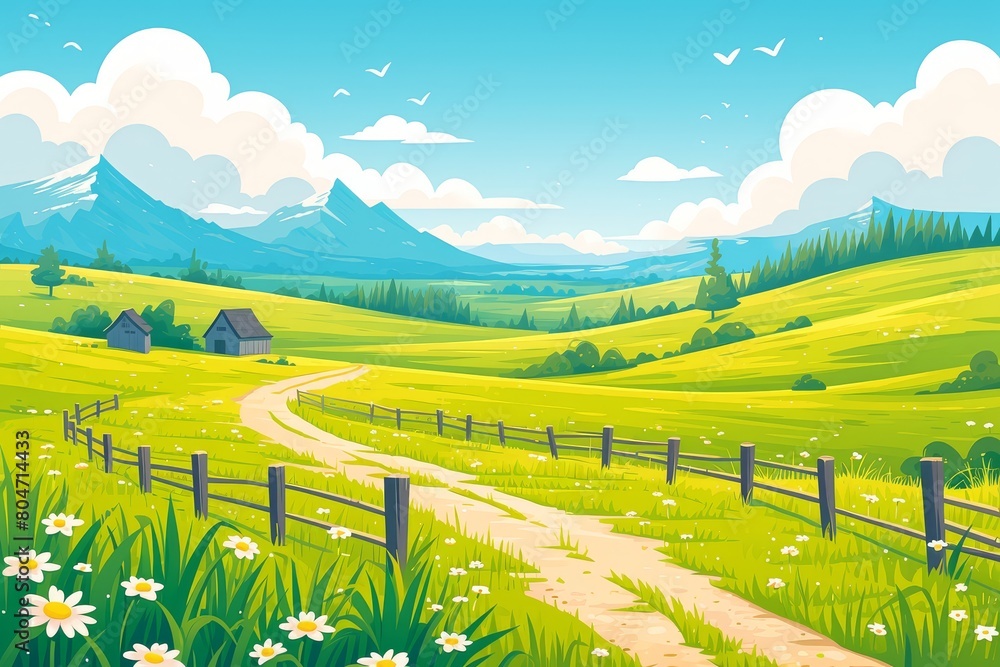 A cartoon vector illustration of an idyllic farm with mountains in the ...