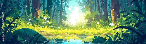 A cartoon vector illustration of an enchanting forest with tall trees  lush greenery
