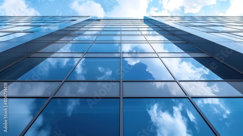 A modern glass building facade reflecting the cloudy blue sky  symbolic of corporate architecture