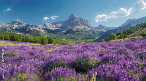 Purple Flowers Field With Mountain Background © olegganko