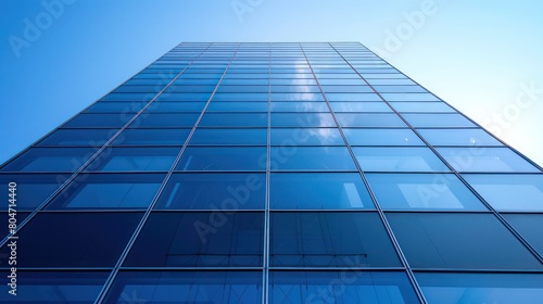 Looking up at a towering skyscraper with reflective glass fa  ade against a blue sky