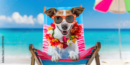 A joyful Jack Russell Terrier lounges on a beach chair, adorned with sunglasses and a vibrant lei, capturing the essence of a dreamy beach vacation © Alexandre Patchine