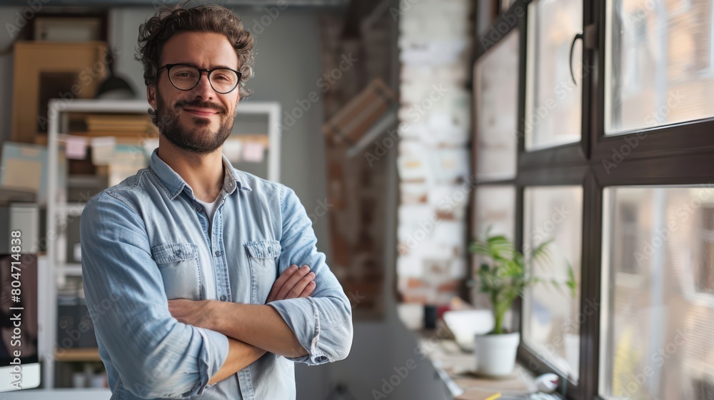 Obraz premium A self-assured male entrepreneur stands arms folded in a contemporary, sunlit co-working space