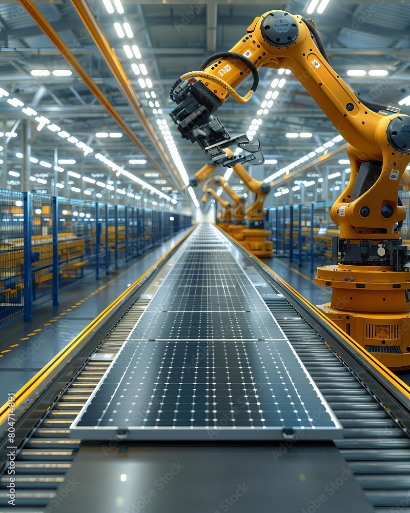 Large Production Line with Industrial Robot Arms at Modern Bright Factory Solar Panels are being Assembled on Conveyor Automated Manufacturing Facility