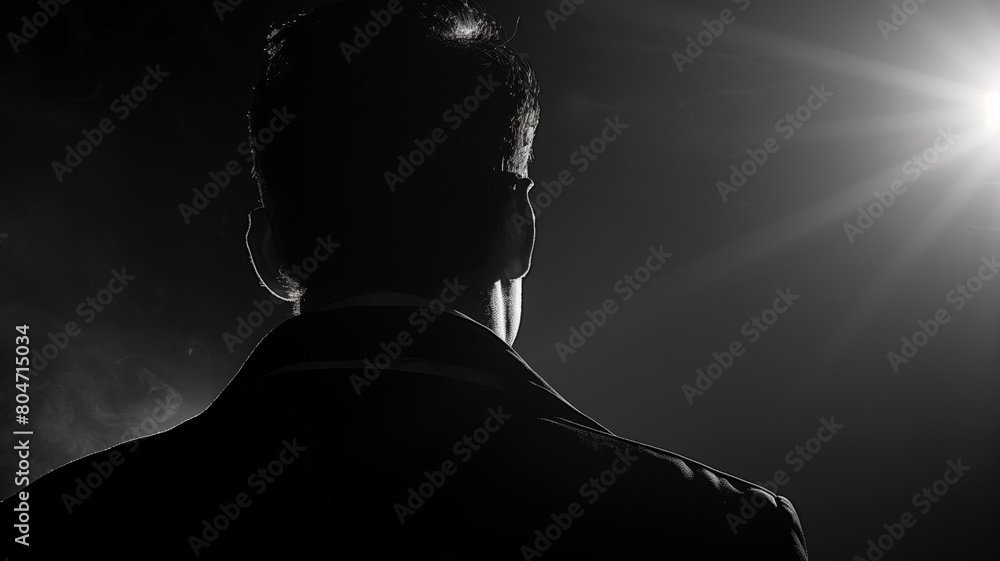 silhouette of man , backlighting, backlit, black and white, closeup shot from behind, sharp focus on face