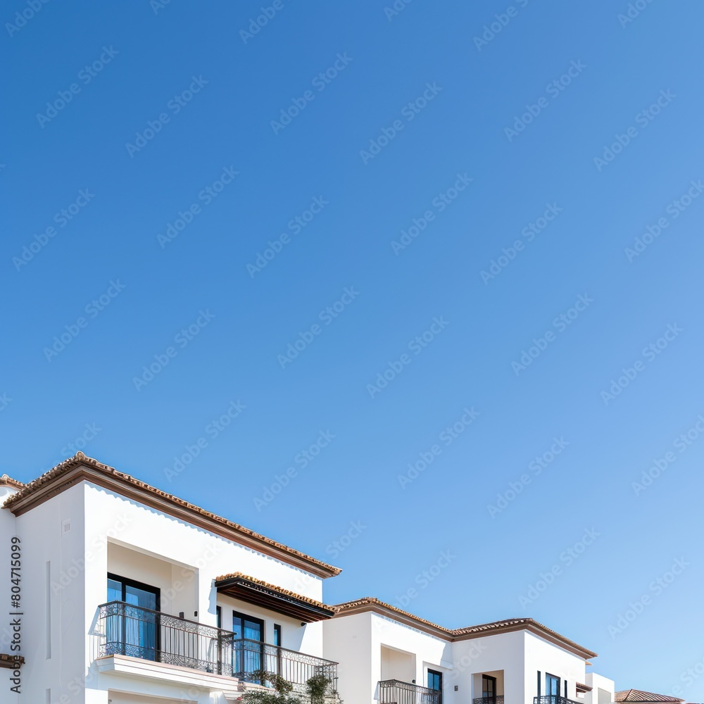 This image captures the essence of modern Mediterranean architecture with its white walls and terracotta roof under a serene sky This image captures the essence of modern Mediterranean architecture with its white walls and terracotta roof under a serene sky