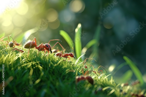 Resilient Ants grass. Closeup green pest. Generate Ai photo