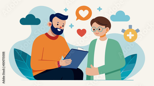 A mentor with bipolar disorder shares coping techniques and selfcare strategies with their mentee who also has bipolar disorder.. Vector illustration