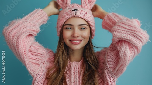 Woman Wearing Pink Bunny Ears Hat