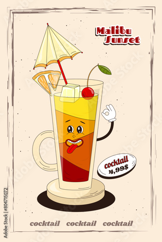 A summer advertising poster with a fun cocktail in vintage style. A mascot for bars and cafes in the form of a groovy cocktail with hands in the groovy style