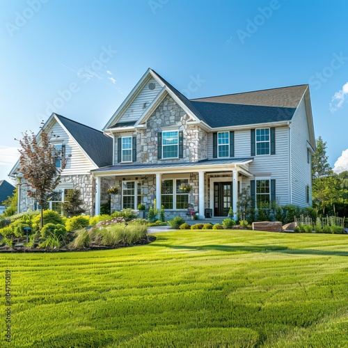 A large suburban family home with a well-manicured green lawn under a clear blue sky