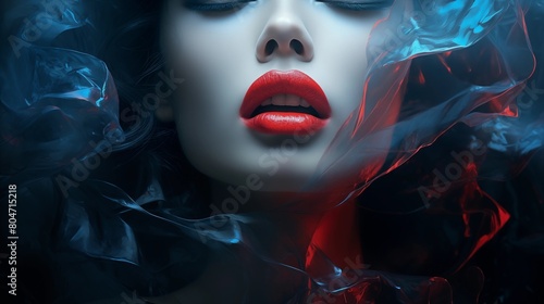 Portrait of Sensual Elegance: Woman with Closed Eyes and Red Lips Surrounded by Translucent Fabric.