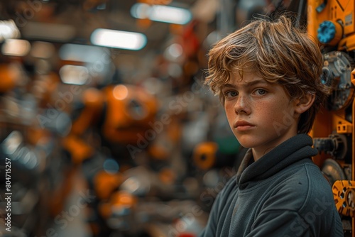 A captivating portrait of a young boy with a backdrop of robotics, showcasing wonder and technological engagement © Larisa AI