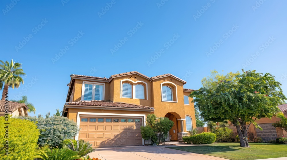 Fototapeta premium Warm-toned desert home with palm trees offers a taste of oasis life and adventure in arid locales