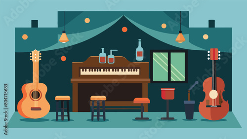 The bar also features a live music stage complete with a grand piano and acoustic guitars allowing for a full audio experience. Vector illustration