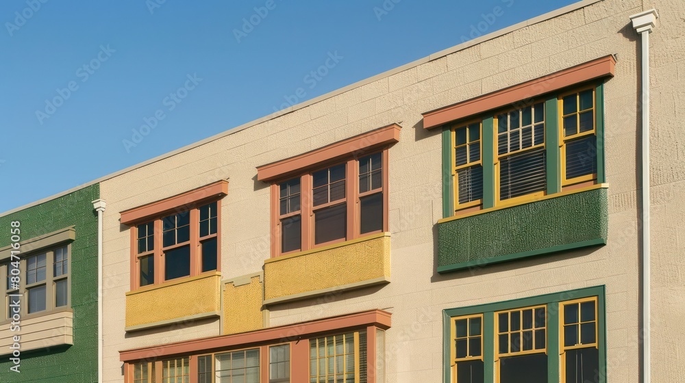 Naklejka premium A vibrant and textured three-story urban building facade, capturing the essence of city architecture with its colorful windows