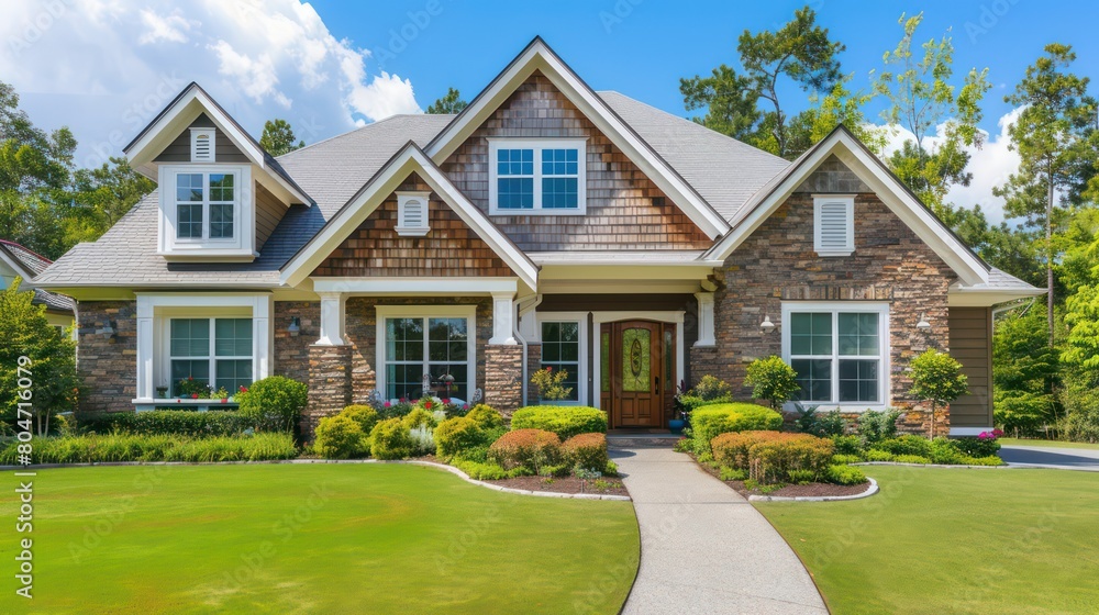 A traditional family home featuring a stone facade and a lush green yard, welcoming and warm for a homely feel A traditional family home featuring a stone facade and a lush green yard, welcoming and warm for a homely feel