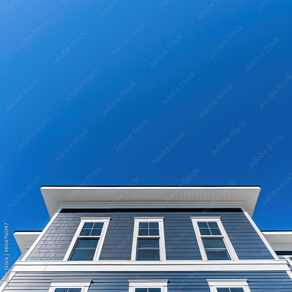 Upward perspective of a blue residential house with vinyl siding, under a vivid blue sky