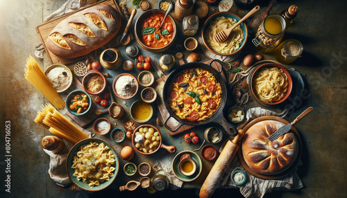 An inviting top-down view of a cozy Italian home cooking scene with homemade pasta, risotto, stew, freshly baked bread, and pizza, in a kitchen setting