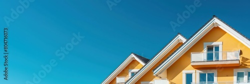 A modern minimalistic house with a bright yellow facade against a clear blue sky, reflecting contemporary living