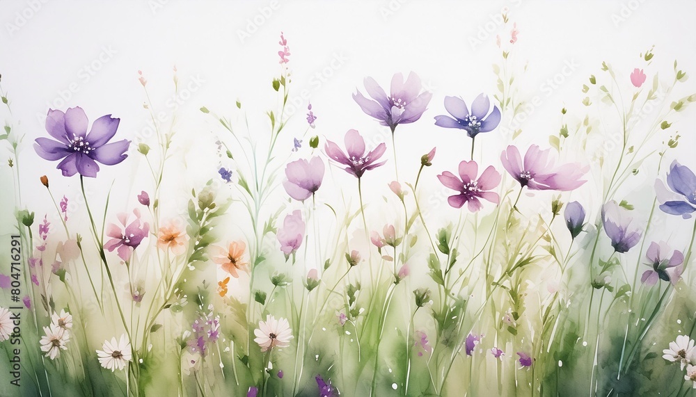 watercolor painting of little flowers in spring meadow on white background