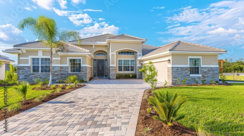 A modern suburban home with a lush lawn and a paved walkway leading to a grand entrance surrounded by natural landscaping