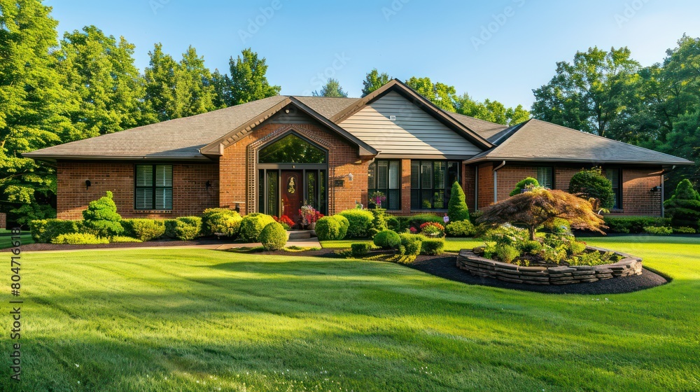 Captivating image of an elegant brick house with a sculpted garden, showcasing the charm of suburban residential design Ideal for real estate marketing