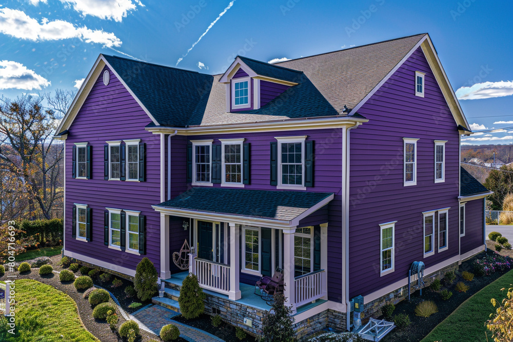 An aerial perspective captures the elegant eggplant purple house with siding and shutters