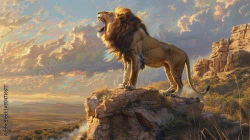 Majestic lion s roar echoes across the savannah  a powerful call from atop a cliff  asserting dominance and presence in the wild