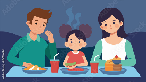 A family out for dinner where the child with SPD is unable to eat due to the overwhelming smells and textures of the food.. Vector illustration