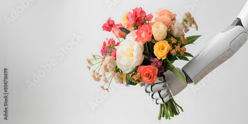 The robot s hand tenderly holds a massive bouquet of flowers  tied with an exquisite ribbon and bow on a white background  greeting card concept flower delivery copy space