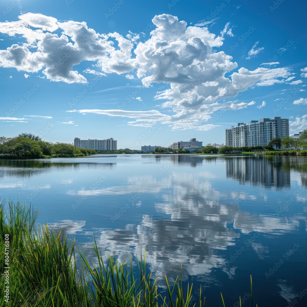 A serene landscape capturing a calm lake reflecting the fluffy clouds above against a backdrop of modern cityscape