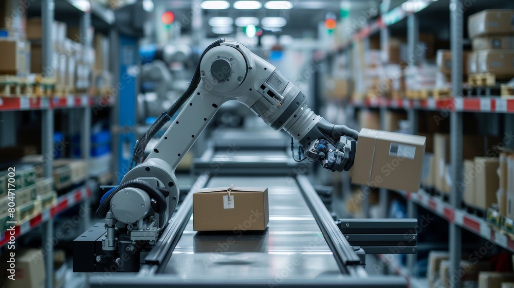 Robotic arm in warehouse delicately gripping package with precision in elegant manner