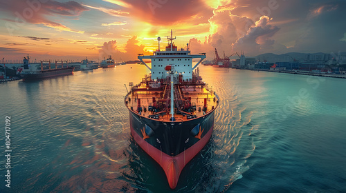 Aerial front view of a heavy crude oil tanker travelling over calm sea 